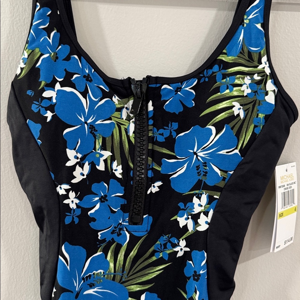 NWT Michael Kors Blue and black Floral Swim zipper One Piece - Picture 3 of 6